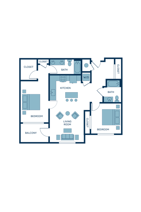 Floor plan for 2 beds, 2 baths, 1017 sqft